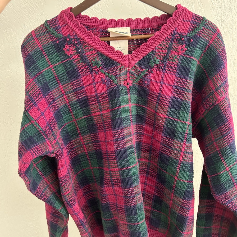 Plaid V-Neck Sweater - Pink and Green